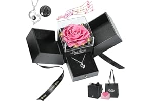 Emibele Rosa Preservada Eterna + Collar de Plata Esterlina S925, Rosa Preservada Eterna & Collar con Te Amo en 100 Idiomas con Caja de Música y Luz, Regalo para Día de San Valentín Aniversario