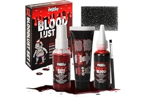 Festicy Zestaw 3 Sztucznej Krwi Halloween 2024 I 25 ml Sztucznej Krwi, 25 ml Spray Sztucznej Krwi, 20 g Sztucznej Krzewi, Gąbka i Pędzelek I Sztuczna Krew Halloween Makijaż I Sztuczna Krew Zmywalna