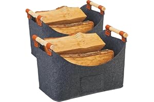 TEL CHARME * 2-Pack Felt Firewood Baskets with Wooden Handles, 57L Foldable Log Holder for Indoor/Outdoor Fireplace, Storage Bag for Wood, Toys, Newspapers & Magazines (Dark Grey)