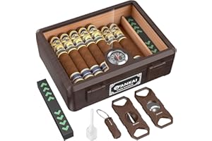 FANKAI Zigarren-Humidor, Glas-Top-Zigarrenetui mit geradem Schneider, V-Schnitt, Stanzwerkzeug, spanisches Zedernholzfutter, bruchsichere Aufbewahrungsbox mit Luftbefeuchter und Hygrometer