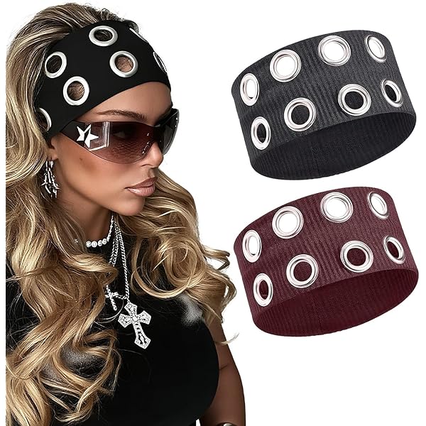 2 Stück Frauen Stirnbänder Mit Ösen - Y2K Punk Style In Schwarz & Weinrot