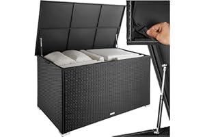 tectake® Aluminium Polyrattan Aufbewahrungsbox mit Deckel, 750L, Gartenkiste wetterfest, Gartenbox mit Gasdruckfedern, Garten Auflagenbox, UV-beständig, rostfrei, Stauraum, 145x82,5x79,5 cm - schwarz