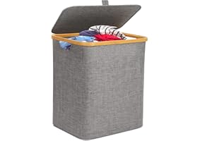 BEZORR Laundry Basket, 60Liter Collapsible Laundry Basket with Lid, Large Grey Laundry Baskets, Washing Basket for Laundry with Bamboo Handles for Bathroom Bedroom
