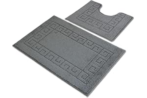 Ambience Products Greek Key Pattern Bath Mats 2 Piece Sets Non Slip Bathroom Mat, Soft Washable Rug Quick Dry Water Absorbent Bathroom Shower Mat & Pedestal Set (Charcoal)