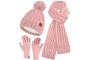 Bequemer Laden Mujeres Invierno Gorro Bufanda Larga Guantes Tactiles Conjunto de Punto Gorras Lana con Pompón Forro Polar Regalo Mujer