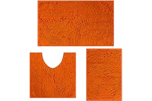 RUN HELIX Ultra Soft Chenille Bath Mat Non Slip Anti Mould, Orange Bath Mat Set 3, Shaggy Bathroom Mats, Super Absorbent Bath Mats for Bathroom, Fluffy Bathroom Mat Set with U-Shaped Toilet Rug