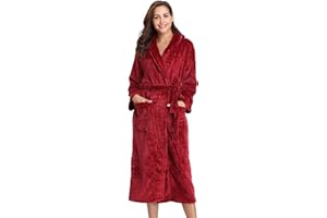Vlazom Ladies Dressing Gown, Flannel Soft Robe Warm Fluffy Bathrobes with Hooded or Shawl Collar Long Robe for Cold Day