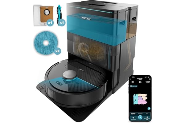 Cecotec Robot Aspirador y Friegasuelos con Base Autovaciado Conga X50. Motor de Succión 15000Pa, Base 4 en 1, Tecnología Láser, Mopas Giratorias, Cepillo Lateral, App y Conexión Bluetooth y WiFi