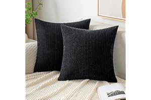 EMEMA Cushion Covers Corduroy Square Throw Pillow Covers Striped Soft Sham Home for Sofa Couch Bedroom Decorative Pillowcases 16x16 Inch 40x40cm Set of 2 Balck