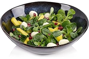 Sänger | Salatschüssel Tokio 1 tlg, Servierschale Steingut, Servierschüssel Spülmaschinenfest, Handmade Schüssel Groß, Große Salatschüssel Blau-Schwarz mit Braunen Akzenten 1,8L | PREMIUM COLLECTION