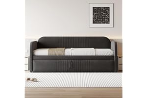 Moimhear Letto imbottito Divano letto allungabile, con strisce verticali, con rete a doghe, tessuto di lino confortevole e traspirante (materasso non incluso) (grigio scuro)