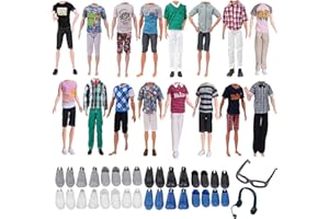 CARREUTY 14 prendas de ropa y accesorios compatibles con Ken, incluidos 3 Top 3 Pantalones 6 pares de zapatos, 1 par de gafas y 1 par de auriculares para 12 en muñecas, entrega aleatoria