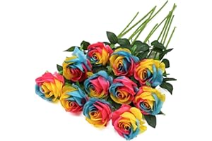 Tifuly Rainbow Fake Roses Artificial Flowers - 10 Pcs Fake Artificial Rainbow Roses Silk Flowers with Stems for Home Wedding Hotel Office Centerpiece Decor(Rainbow2)