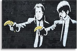 KUNSTBRUDER Cuadro de Impresión sobre Lienzo "Banksy" Graffiti - de 100x70 cm" Pulp Fiction Preparado con Marco Impresión Artística de Cuadro de Pared Decorativo Arte Callejero