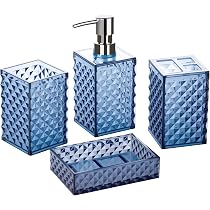 Lot De 4 Accessoires Salle De Bain Luxe Céramique Bleu Marine Et Or - Distributeur Savon, Porte-Brosse, Gobelet, Porte-Savon