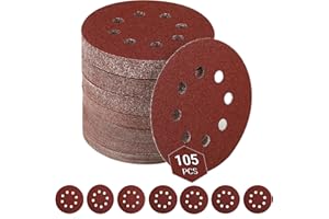 LROCOTANC 105 Piezas Discos de Lija 125 mm – Lijas Redonda con 8 Agujeros – Para Lijadora Orbital, Eliminación de Polvo (Granos 40/60/80/120/180/240/320, 15 piezas por grano)