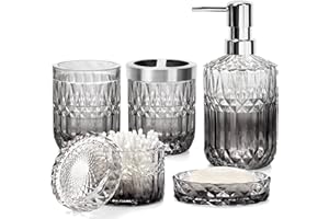 TeamSky Bathroom Accessories Set, 5PCS Glass Set, Includes Soap Dispenser, Soap Dish, Toothbrush Holder, Tumbler and Jar, Stylish Modern Bathroom Decor (Gradient transparent & black)