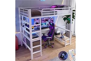 Lubvtti Cama alta 90 x 200, con escritorio, enchufe USB+TYPE-C,tira LED, estantes,panel perforado,litera para niños,estructura de cama para niños de hierro (B-blanco)