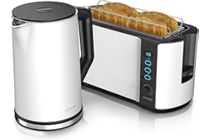 ‎ARENDO Arendo - Wasserkocher mit Toaster SET Edelstahl Weiß matt, Wasserkocher 1,5L 40° - 100° Warmhaltefunktion Toaster 4 Scheiben LED-Display 6 Bräunungsgrade Brötchaufsatz