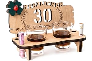 HOLDLEAF Banco de Chupito de Madera con Número de Año 30 Grabado y Vasos de Chupito Regalo para Parejas y Bodas Aniversario Cumpleaños Decoración Divertida Idea de Regalo (2 Vasos de Chupito)