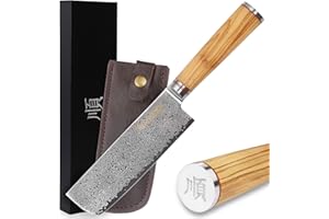 YOUSUNLONG Cuchillo Usuba & Nakiri de 6.5 pulgadas de acero damasco japonés VG10 mango hecho de madera de olivo italiano con funda de cuero