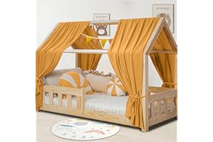 Hausbett Himmel Deko Set, Betthimmel Hausbett aus Musselin - 2 Betthimmel & 1 Wimpelkette, für Jungen Mädchen Deko für Kinderzimmer, Baldachin Kinderzimmer Deko I 67 x 270cm Senfgelb