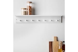 Haus Projekt Biała półka z 7 haczykami, łatwa w montażu drewniana półka do pokoju dziecięcego ze śledziami, wieszaki na płaszcze montowane na ścianie, dekoracja łazienki, półka wisząca do kuchni,