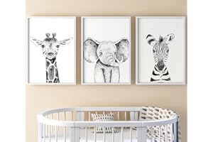 Eviepops Prints Ensemble Animaux Safari de 3 Impressions Sans Cadre pour Chambre d'enfant Fille ou Garçon, Décoration Chambre Posters Décoratifs Muraux, Eléphant Zèbre Girafe (A4)