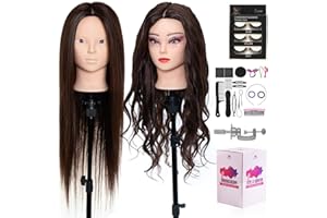 NEVERLAND BEAUTY & HEALTH Testa per Parrucchieri con Capelli umani veri al 60%,28 Pollici,Cosmetologia Testa Bambola da Truccare e Pettinare,Testa Manichino con Morsetto da Tavolo+Ciglia Finte+Capelli Styling Treccia Set