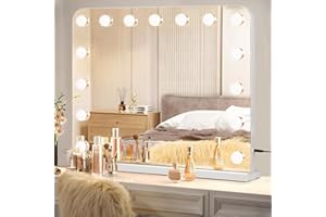 VOWNER Hollywood Miroir Maquillage Lumineux, Miroir LED 15 Lumières Dimmables avec 3 Températures de Couleur, Contrôle Tactile, avec Sortie USB, pour Chambre à Coucher, Coiffeuse, 58X46cm, Blanc