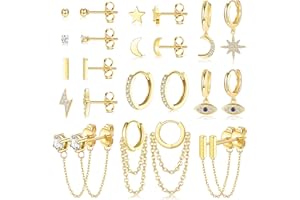 JeweBella 12Paires Petite Boucles d'oreilles Femme Acier Innoxydable Étoile Lune Boucles d'oreilles Creoles Pendantes avec Chaîne Hypoallergénique Zircon Ball Evil Eye Boucles d'oreilles Or/Argent