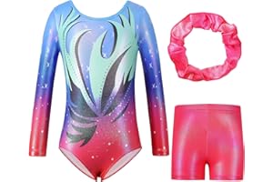 Hovershoes Gymnastics Leotards for Girls Sparkle Colorful Dancing Athletic Leotard with Glitter Tumbling Dance Shorts and Headband for 5-14 Years Kids Teens