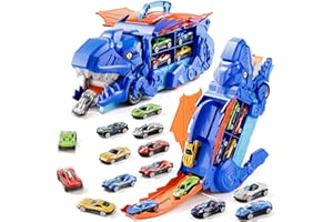 BLMUKCE Dinosaur Toys for 3 4 5 6 Years Old Boys, Carrier Transporter Truck Toys, Foldable Race Track with 10 Die-Cast Cars, Transforms into Dino, Toddler Car Chrimas Birthday Gifts for Kids Age 3-6 (Blue)