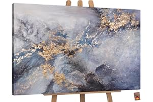 YS-Art Hand-painted acrylic painting on canvas Renaissance Abstract modern artwork Wall art for room gold and blue color Decor 48x32 inch