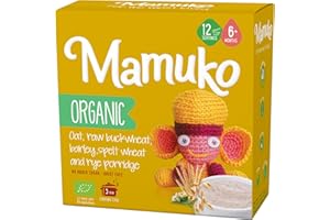Mamuko Organic Multi-Grain Baby Porridge - Healthy Blend of Oat, Bright Buckwheat, Barley, Spelt, Rye & Grits, High in Fiber & Nutrients, 12 Servings