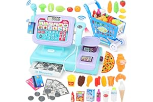 GIRLDIARY Children Toy Play Age 3+ Cash Register with Scanner, Pretend Play Calculator Cash Register, Play Store Supermarket Shopping Trolley Food Accessories Toy Gifts for Toddler Boys Girls Kids 4 5