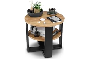 DEFIPAD Couchtisch rund Eiche – Kleiner Beistelltisch mit Ablage - 2 Ebenen, runder moderner Kaffeetisch im Industrial Design - D:53 cm - Hergestellt in der EU (Schwarz & Eiche, Durchmesser: 53CM)