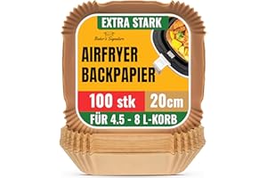 BAKER'S SIGNATURE Airfryer Baking Paper Pack of 100 - 20-24 cm - Unbleached, Non-Stick, Waterproof, Oil-proof Baking Paper for Hot Air Fryer for 4.5L-8L Baskets, Hot Air Fryer, Ideal for Oven, Pans and Baking
