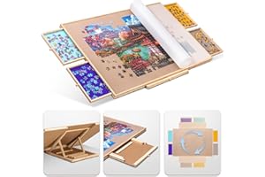 Tektalk Table de puzzle rotative avec support/support réglable intégré et couvercle amovible, plateau en bois à 3 angles d'inclinaison, plateau portable avec 4 tiroirs de tri, jusqu'à 1500 pièces