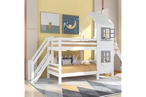 Azkoeesy Litera Infantil para 2 niños de 90 x 200 cm, Cama para niños en Forma de casa, con escaleras y pasamanos, Marco de Pino, Color Blanco