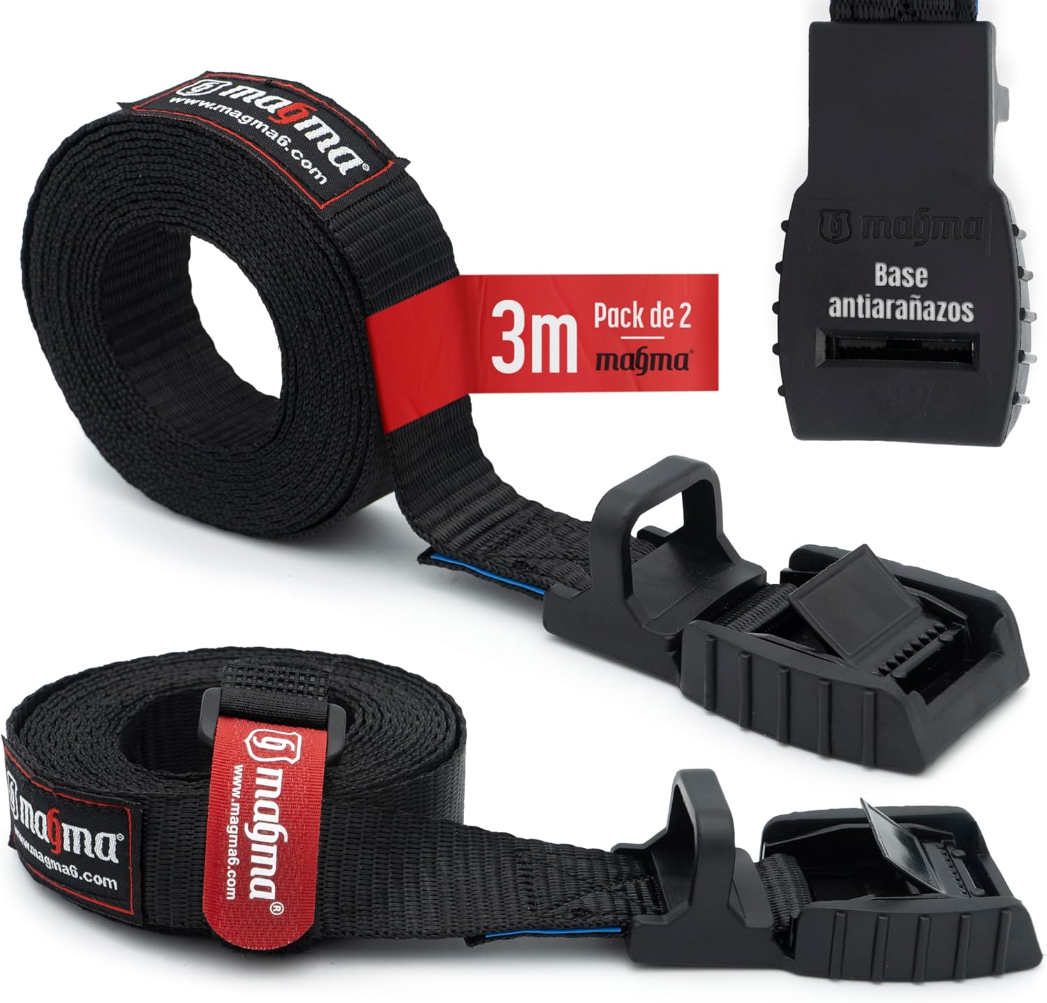 MAGMA Pack 2 Cinchas de Amarre de 3m | Correas para Baca Coche y Portabicicletas. Surf, Bici, Kayak, Moto | Hebilla -Trinquete con Protección de Goma para no rayar | Carga Segura - SWL: 250kgf Negro