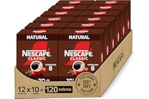NESCAFE NESCAFÉ CLASSIC NATURAL todo aroma y sabor, café soluble, 100 % café, Pack de 12 estuches con 10 sobres, TOTAL 120 sobres