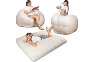 bananair - Puff Cama Gigante con Relleno de Espuma Incluído - Puff Salon Convertible en Futon/Colchón Plegable Suelo 135x185 cm - Pana Ancho, Tejido Suave y Elegante (Blanco Roto)