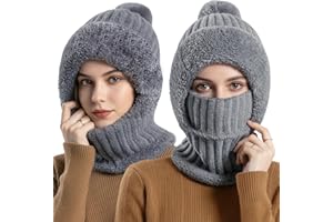 Kunoli 3 in 1 Beanie Hat for Women, Winter Womens Knitted Hats with Neck Gaiter & Face Mask, Balaclava Hat and Scarf Set, with Hairball, Soft Thick Fleece Lined for Skiing, Hiking & Outdoor