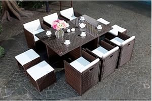 CONCEPT USINE | Salon de Jardin Encastrable Résine Tressée 10 Pers | Miami | Marron Coussins Blanc | Table Plateau de Verre Amovible + 6 Fauteuils + 4 poufs | Coussins Déhoussables | Résiste à l'eau