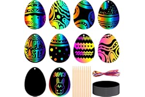 AWCIGG lot de 36 Carte a Gratter Paques Enfant Oeufs Paques Livre Papier a Gratter avec 36 Rubans Colorés 10 Stylet en Bois Loisirs Créatifs Paques Enfant Paques Crafts Scratch Art