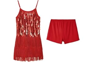 LOLANTA Costume de Danse Latine Rumba Salsa Chacha à Paillettes et Glands Franges pour Filles, Scintillant Mini Robe sans Manches à Réglable Bretelles avec Shorts