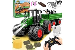 Herenear RC Tracteur Telecommandé Enfant, Tracteur Télécommandé Jouet Ferme avec Grappin, Vache, Remorque, Botte de Foinet et Troncs d'arbre, Ferme Jouet pour Enfant