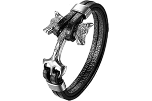 Flongo Męska bransoletka skórzana, stal nierdzewna, bransoletka skórzana, mankiet, czarna, srebrna, złota głowa wilka, kość dla motocyklistów, motocyklistów, gotyków, mężczyzn