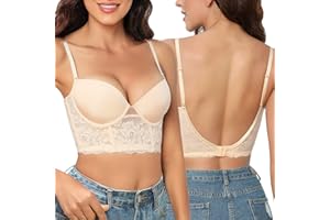 Xnova Biustonosz bez pleców dla kobiet, koronkowy, głęboki biustonosz w kształcie litery U, głęboki biustonosz z niskim oparciem, biustonosz push-up, do sukienki bez pleców, paski ślubne, zamienny